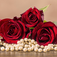 3 red roses and a strand of wwhite pearls